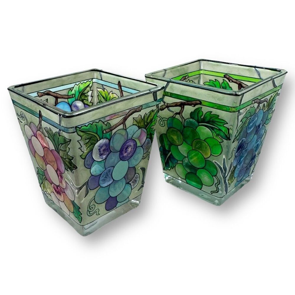 Amia Studios Handpainted Glass Votive Candle Holders Wine‎ Grapes Fruit Motif